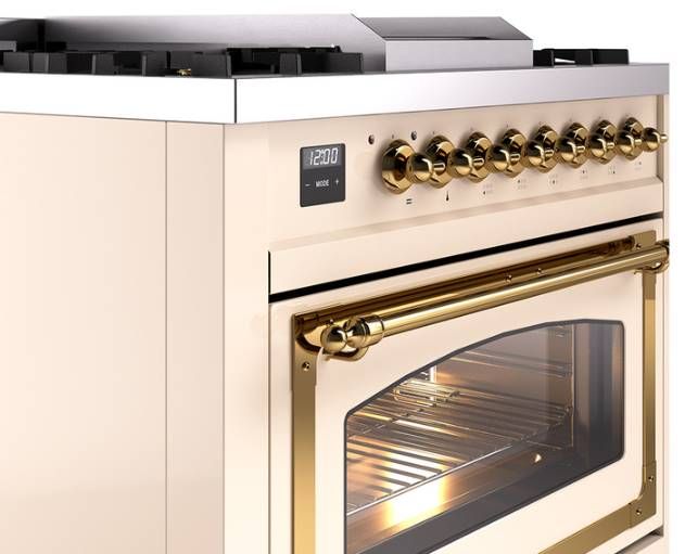 Ilve® Nostalgie II Noblesse 36'' Antique White Pro Style Dual Fuel Range with Brass Trim-3
