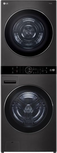LG 5.0 Cu. Ft. Washer, 7.8 Cu. Ft. Dryer Black Steel Stack Laundry Front view of the LG 5.0 Cu. Ft. Washer, 7.8 Cu. Ft. Dryer Black Steel Stack Laundry