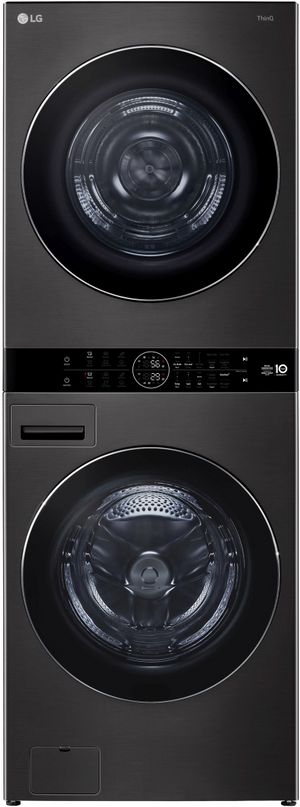 Front view of the LG 5.0 Cu. Ft. Washer, 7.8 Cu. Ft. Dryer Black Steel Stack Laundry
