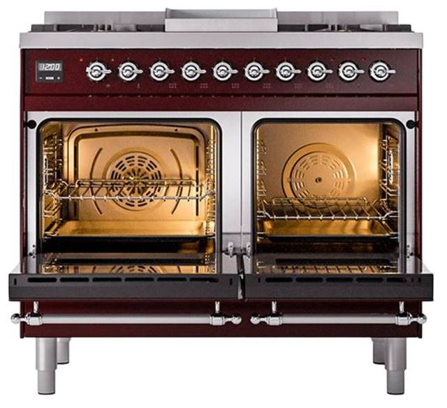 Ilve® Nostalgie II Noblesse 40'' Burgundy Pro Style Dual Fuel Range with Chrome Trim-2