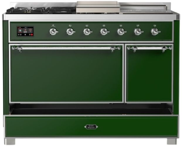 Ilve® Majestic III 48" Emerald Green Pro Style Dual Fuel Natural Gas Range with French Top and Chrome Trim-2