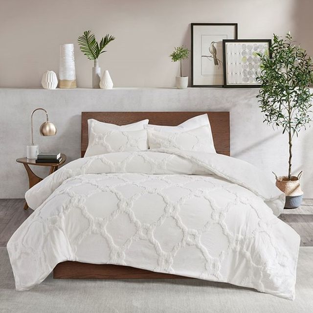 Olliix by Madison Park White Full/Queen Pacey 3 Piece Tufted Cotton Chenille Geometric Duvet Cover Set-0