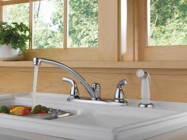Delta Foundations® Chrome Two Handle Kitchen Faucet with Spray-2