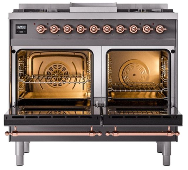 Ilve® Nostalgie II Noblesse 40'' Graphite Matte Pro Style Dual Fuel Range with Copper Trim-1