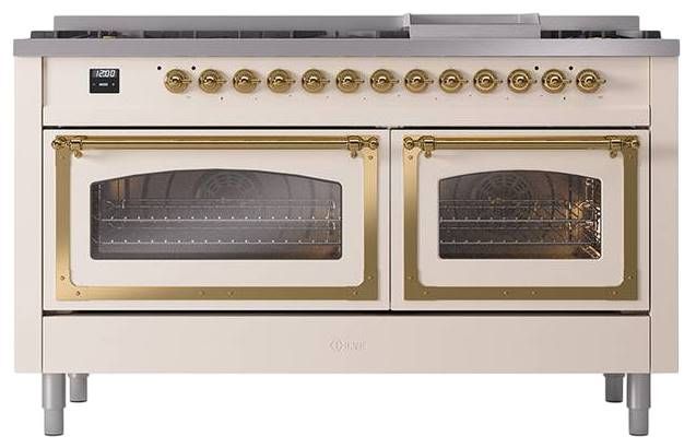 Ilve® Nostalgie II Noblesse 60'' Antique White Pro Style Dual Fuel Range with Brass Trim-1