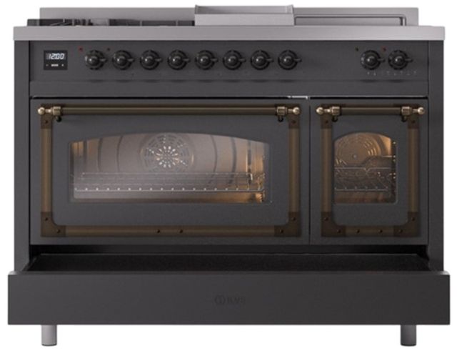 Ilve® Nostalgie II Noblesse 48'' Graphite Matte Pro Style Dual Fuel Range with Burnished Trim-3