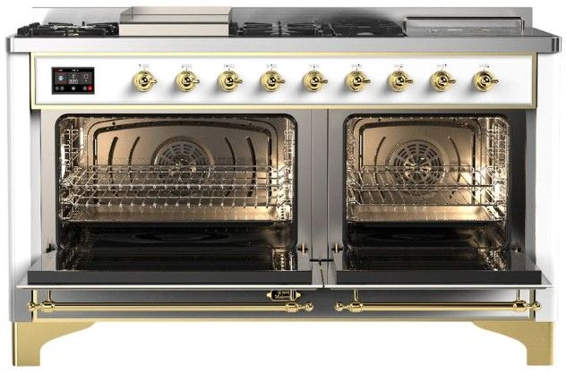 Ilve® Majestic III 60" Custom Pro Style Dual Fuel Natural Gas 7 Burners Range with Solid Door and Brass Trim-1