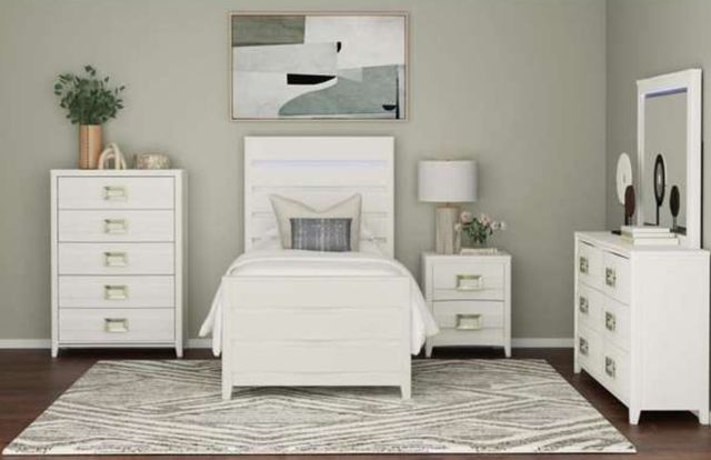Elements International Tobias White Twin Panel Bed with LED-1