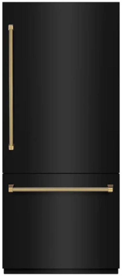 ZLINE Autograph Edition 36" 19.8 Cu. Ft. Black Stainless Steel Built In Bottom Freezer Refrigerator with Graphite Gray Interior and Polished Gold Helix Handles and Water Dispenser-0