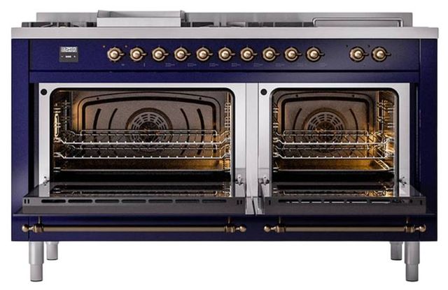 Ilve® Nostalgie II Noblesse 60'' Midnight Blue Pro Style Dual Fuel Range with Burnished Trim-1