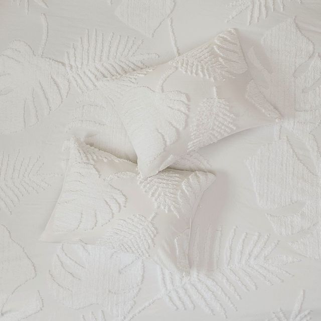 Olliix by Madison Park 3 Piece White Full/Queen Bahari Tufted Cotton Chenille Palm Comforter Set-3