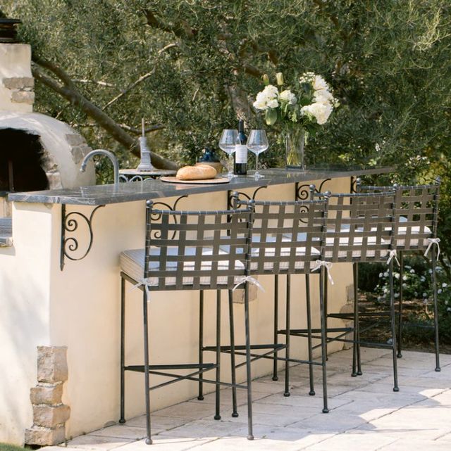 Sunset West Provence Century Pewter Antique Wrought Iron Outdoor Bar Stool with Canvas Flax Cushion-4