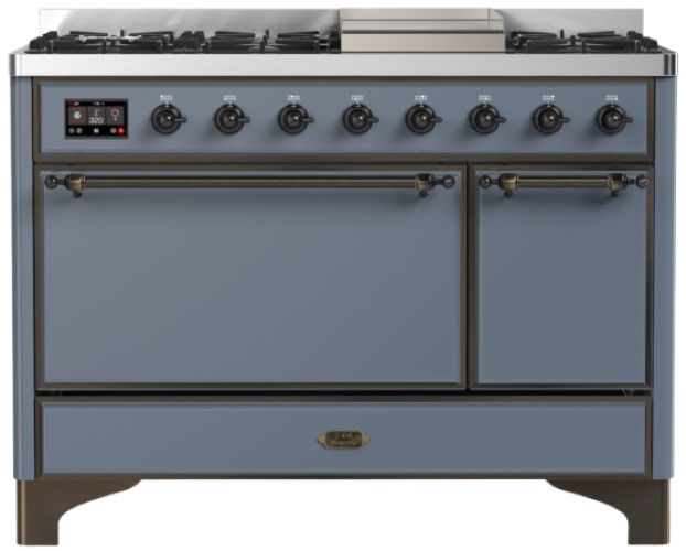 Ilve® Majestic III 48" Blue Gray Pro Style Dual Fuel Natural Gas Range with Solid Door and Burnished Trim-0