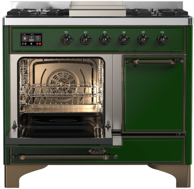 Ilve® Majestic III 40" Emerald Green Pro Style Dual Fuel Liquid Propane Range with Solid Door and Burnished Trim-2