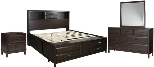 Front view of the Benchcraft® Vanmore 4-Piece Dark Brown Queen Storage Bedroom Set