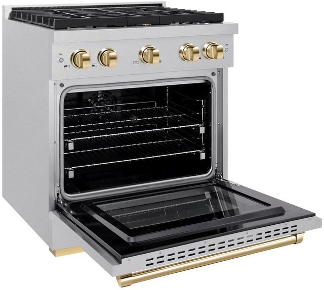 ZLINE Autograph Edition Paramount 30" Satin Stainless Steel Pro Style Dual Fuel Range with Polished Gold Accents-3