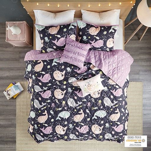Olliix by Urban Habitat Kids Magical Narwhals Cotton Reversible Purple Multi Full/Queen Coverlet Set-3