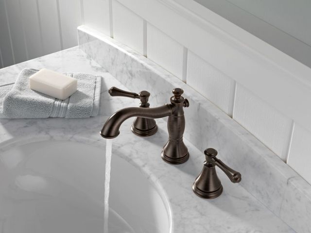 Delta Cassidy® Venetian Bronze 2-Handle Widespread Bathroom Faucet with Drain-2
