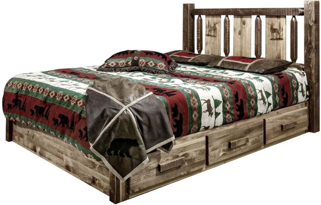 Montana Woodworks® Homestead Stain & Clear Lacquer Full Platform Storage Bed with Laser Engraved Elk Design-3