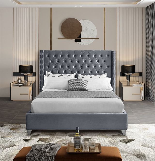 Meridian Furniture Aiden Grey Velvet Queen Bed-2
