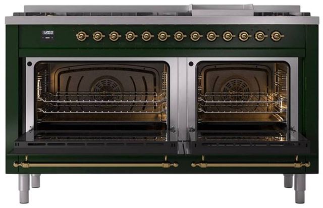 Ilve® Nostalgie II Noblesse 60'' Emerald Green Pro Style Dual Fuel Range with Brass Trim-2