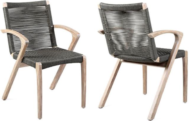 Armen Living Brielle 2-Piece Gray/Light Ucalyptus Rope/Wood Outdoor Dining Arm Chair Set-0