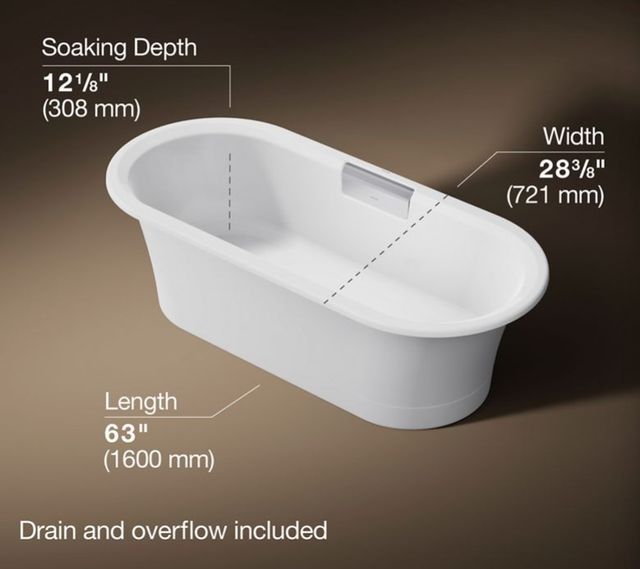 KOHLER® Volute® White 63" x 28.38" Oval Freestanding Bath with Base-3