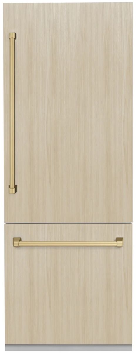 ZLINE Autograph Edition 30" 16.1 Cu. Ft. Panel Ready Built-In Bottom Freezer Refrigerator with Water Dispenser, Ice Maker, Graphite Gray Interior and Champagne Bronze Handles-1