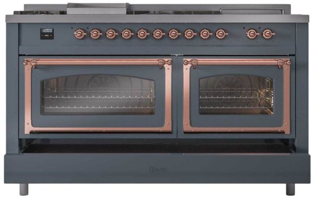 Ilve® Nostalgie II Noblesse 60'' Blue Gray Pro Style Dual Fuel Range with Copper Trim-3