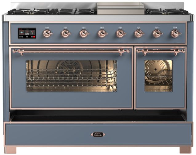 Ilve® Majestic III 48" Blue Gray Pro Style Dual Fuel Natural Gas Range with Triple Glass Door and Copper Trim-1