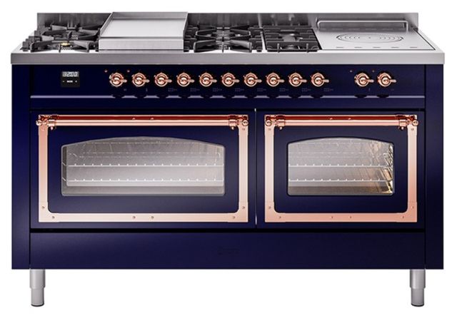 Ilve® Nostalgie II Noblesse 60'' Midnight Blue Pro Style Dual Fuel Range with Copper Trim-0
