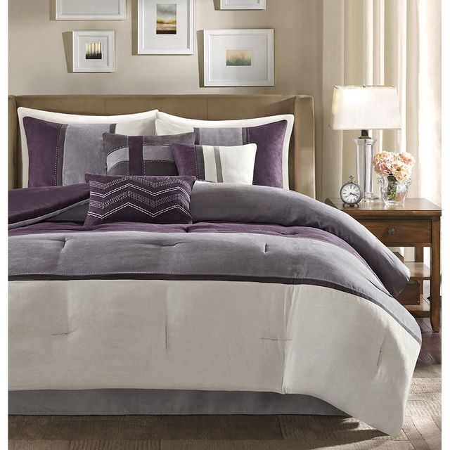 Olliix by Madison Park 7 Piece Purple California King Palisades Faux Suede Comforter Set-0