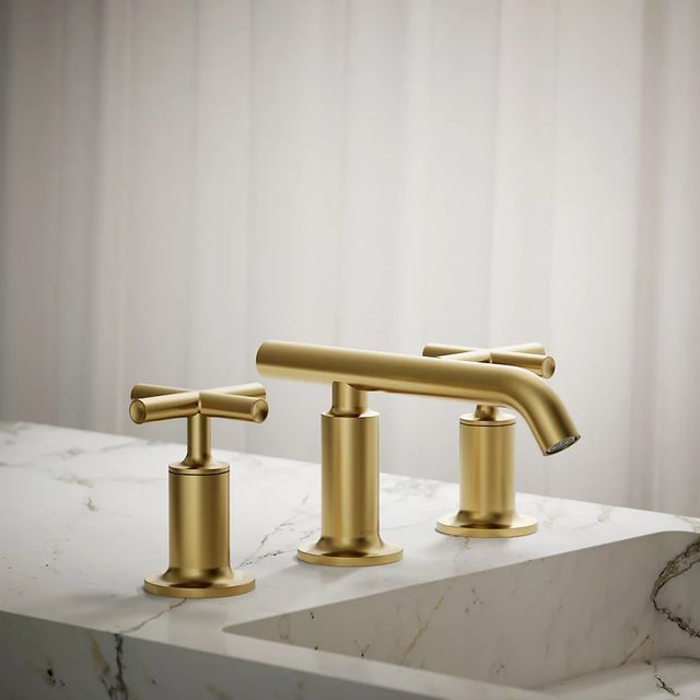 KOHLER® Purist® Vibrant Brushed Moderne Brass Widespread Bathroom Sink Faucet with Cross Handles-3