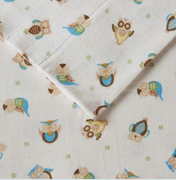 Olliix by True North by Sleep Philosophy Cozy Flannel Sand Owls Queen 100% Cotton Printed Sheet Set-1