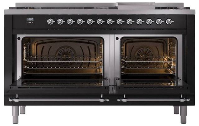 Ilve® Nostalgie II Noblesse 60'' Glossy Black Pro Style Dual Fuel Range with Chrome Trim-2
