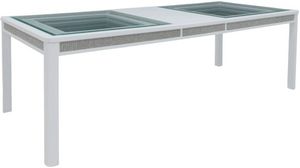 front view of the Signature Design by Ashley® Chalanna Glass Top Dining Extension Table with White Base