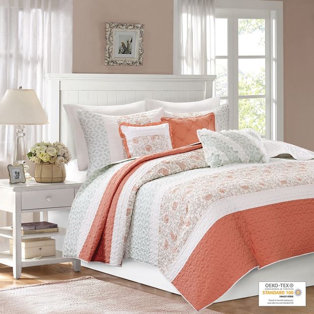 Olliix by Madison Park 6 Piece Coral King/California King Dawn Cotton Percale Reversible Coverlet Set-1