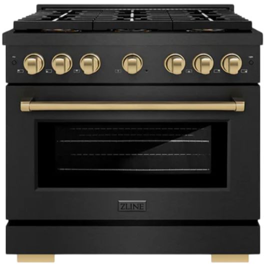 ZLINE Autograph Edition Paramount 36" 5.2 Cu. Ft. Black Satin Stainless Steel Dual Fuel Range with 6 Burner DuoPro™ Cooktop, Electric Convection Oven and Polished Gold Accents-0