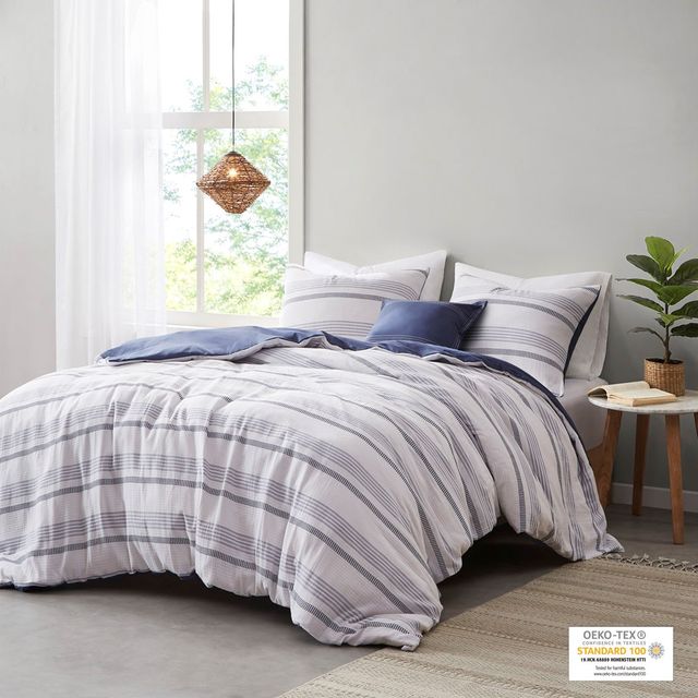 Olliix by Clean Spaces Oakley 5 Piece Striped Organic Cotton Yarn Dyed Indigo and White Full/Queen Comforter Cover Set-1