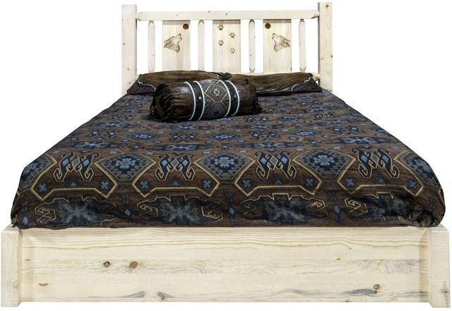 Montana Woodworks® Homestead Ready to Finish Queen Platform Storage Bed with Laser Engraved Wolf Design-1