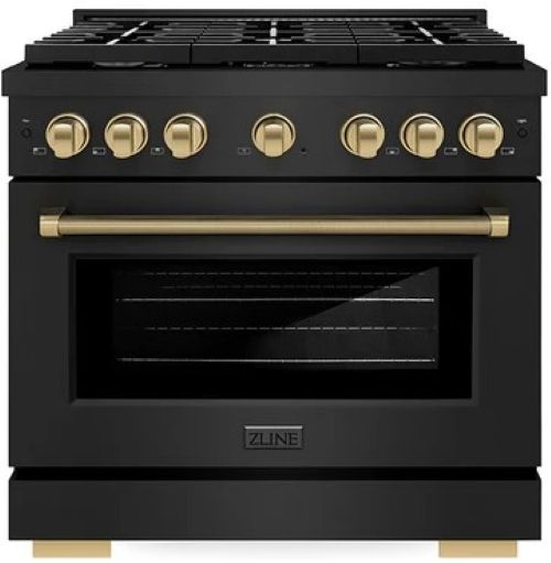 ZLINE Autograph Edition Paramount 36" 5.2 cu. ft. Black Stainless Steel with Champagne Bronze Helix Handle and Knob Accents Dual Fuel Range with 6 Burner Gas Cooktop and Electric Convection Oven-0