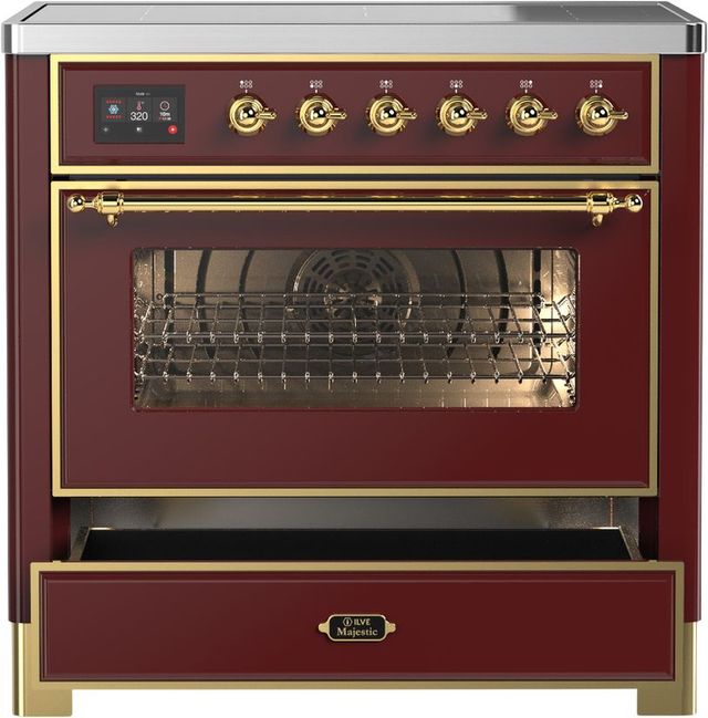 Ilve® Majestic III 36" Burgundy Pro Style Induction Range with Triple Glass Door and Brass Trim-3