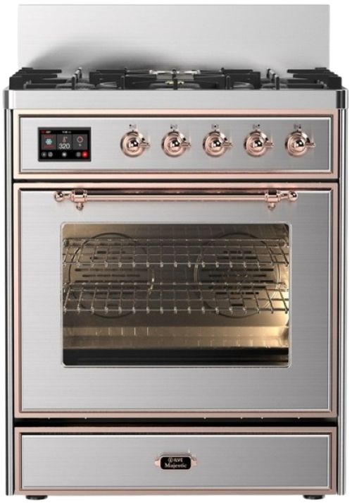 Ilve® Majestic III 30" Stainless Steel Pro Style Dual Fuel Liquid Propane Range with 5 Black Brass Burners and Copper Trim-0