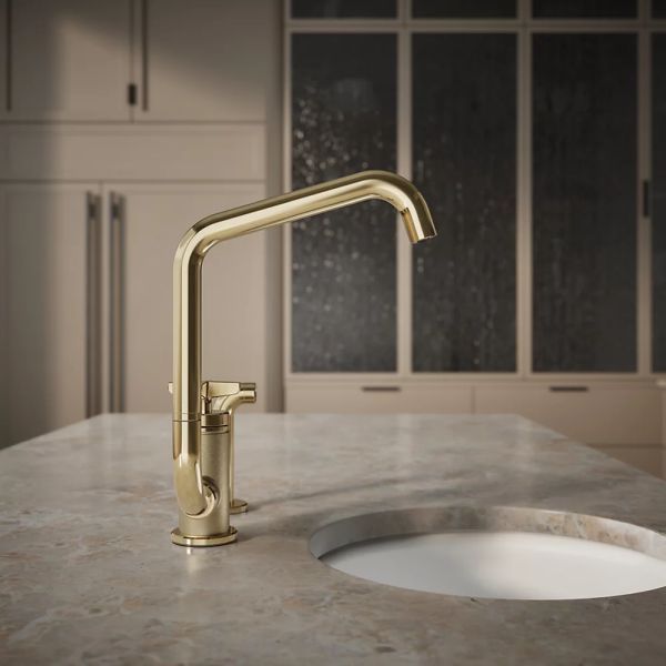 KOHLER® Billet® Vibrant French Gold Single Cross-Handle Bar Sink Faucet with 2-Function Extended-Reach Spout and Side Sprayer-4
