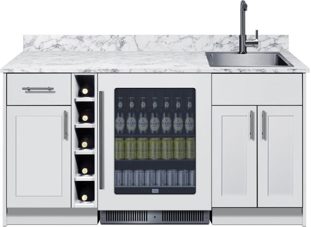 Summit® TurnKey Oasis 69" White  Wet Bar with 4.7 Cu. Ft. Built-In Beverage Center and Stainless Steel Sink with Faucet-1