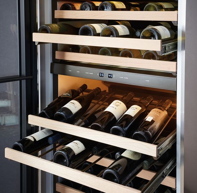 Front view of the inside of a Sub-Zero wine refrigerator