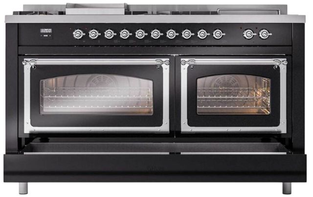 Ilve® Nostalgie II Noblesse 60'' Glossy Black Pro Style Dual Fuel Range with Chrome Trim-3