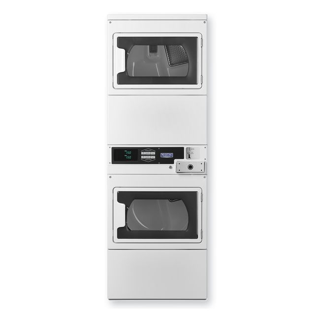 Maytag Commercial MLE27PDFZW Two-Pocket Dual-Coin Electric Stacked Dryer, 14.8 Cu. Ft. Total Capacity, White-0