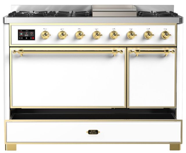 Ilve® Majestic III 48" White Pro Style Dual Fuel Natural Gas Range with Solid Door and Brass Trim-2
