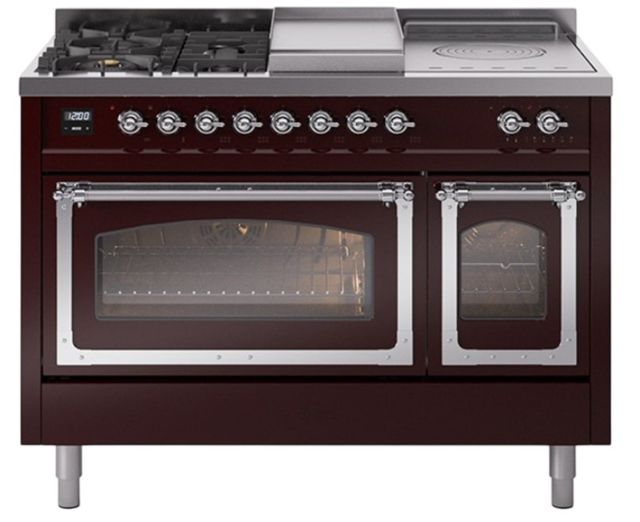 Ilve® Nostalgie II Noblesse 48'' Burgundy Pro Style Dual Fuel Range with Chrome Trim-0